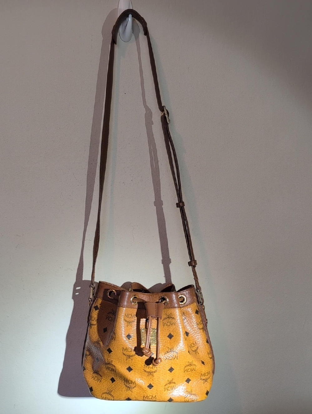 MCM Cute Little Yellow Monogram Drawstring Bucket Bag with Brown Trim Its Good!